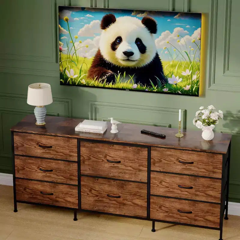 Commode en tissu à 8 tiroirs avec plateau en bois, meuble TV et organisateur de rangement, commode à cadre métallique pour chambre à coucher