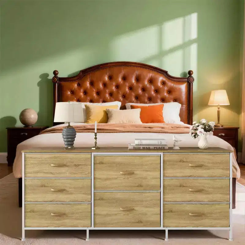 Commode en tissu à 8 tiroirs avec plateau en bois, meuble TV et organisateur de rangement, commode à cadre métallique pour chambre à coucher