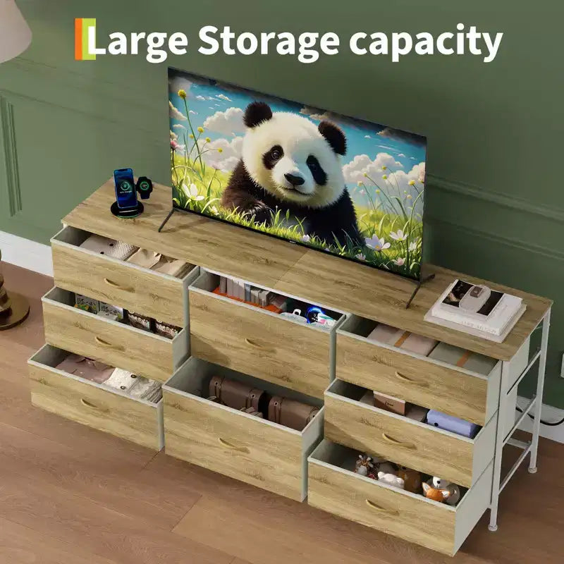Commode en tissu à 8 tiroirs avec plateau en bois, meuble TV et organisateur de rangement, commode à cadre métallique pour chambre à coucher