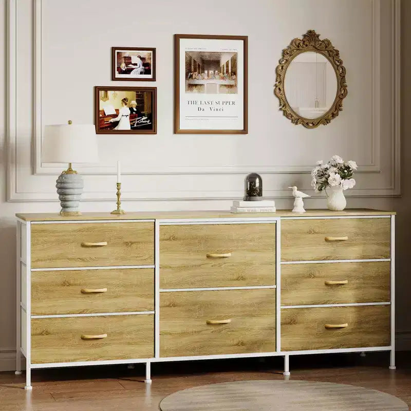Commode en tissu à 8 tiroirs avec plateau en bois, meuble TV et organisateur de rangement, commode à cadre métallique pour chambre à coucher