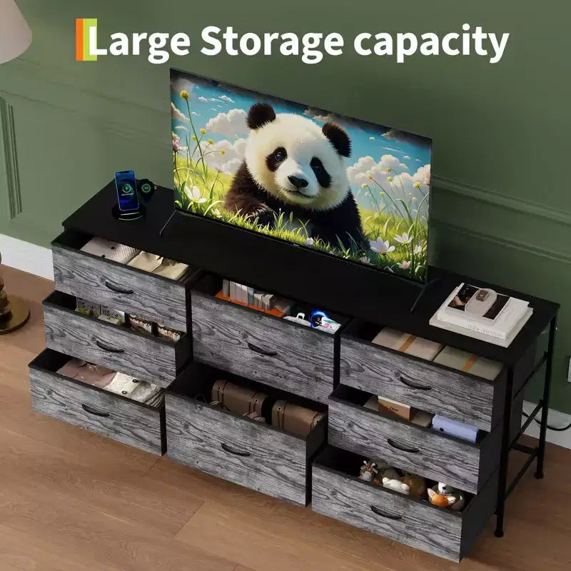 Commode en tissu à 8 tiroirs avec plateau en bois, meuble TV et organisateur de rangement, commode à cadre métallique pour chambre à coucher