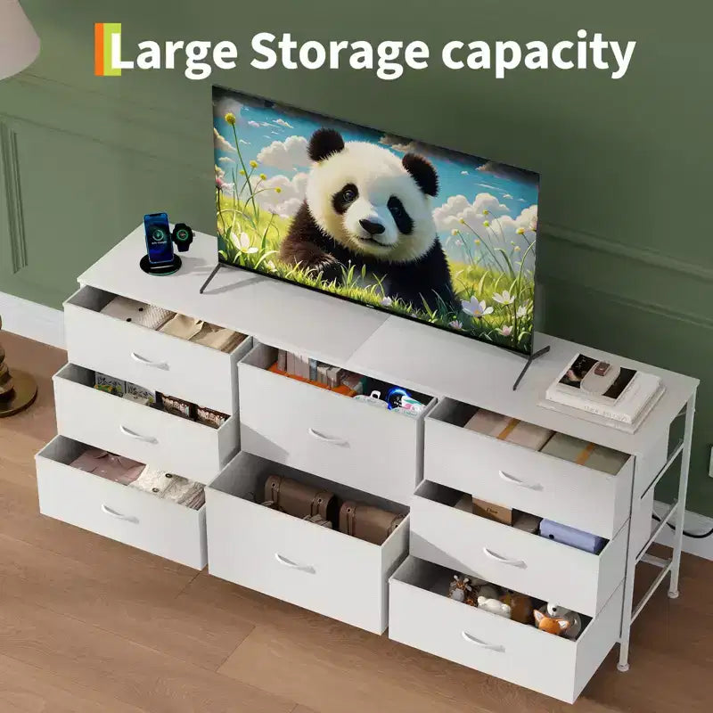 Commode en tissu à 8 tiroirs avec plateau en bois, meuble TV et organisateur de rangement, commode à cadre métallique pour chambre à coucher