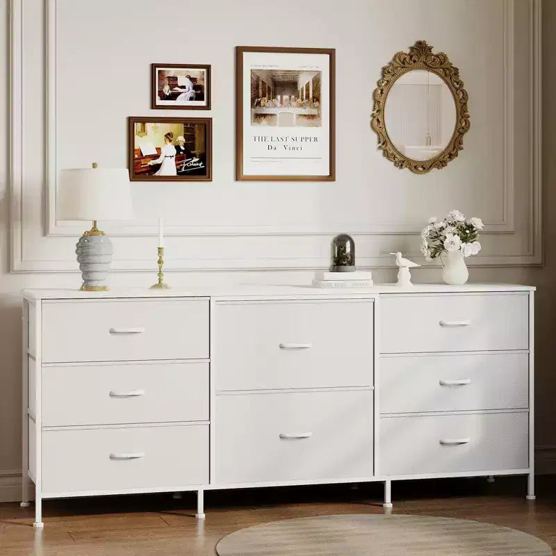 Commode en tissu à 8 tiroirs avec plateau en bois, meuble TV et organisateur de rangement, commode à cadre métallique pour chambre à coucher