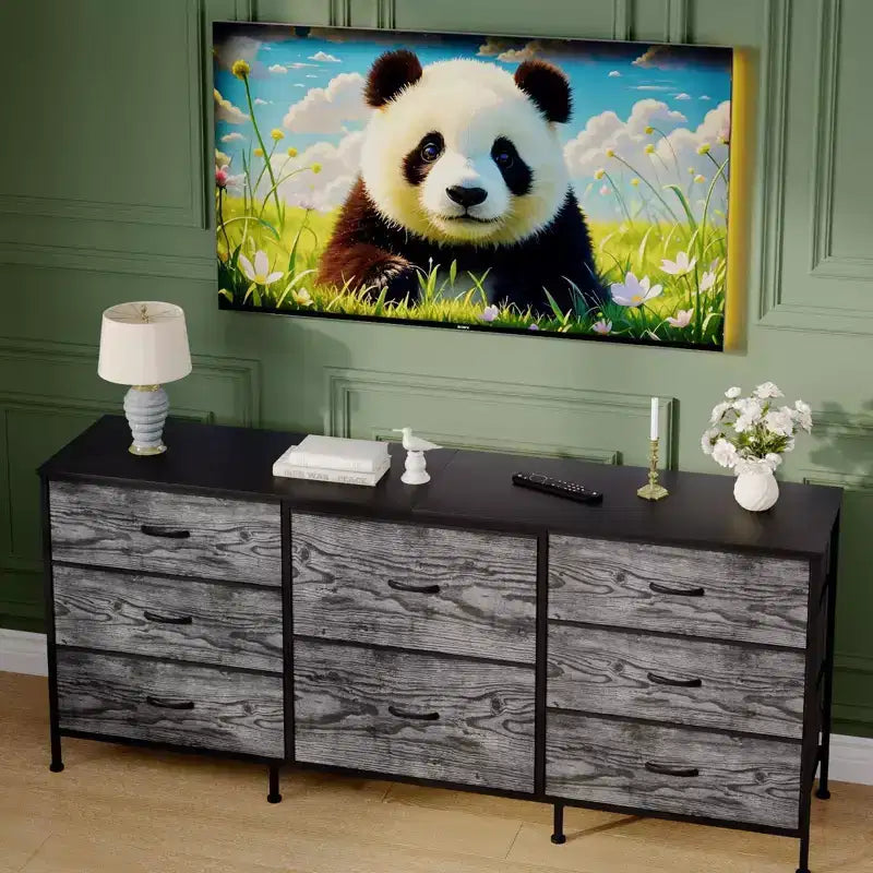 Commode en tissu à 8 tiroirs avec plateau en bois, meuble TV et organisateur de rangement, commode à cadre métallique pour chambre à coucher