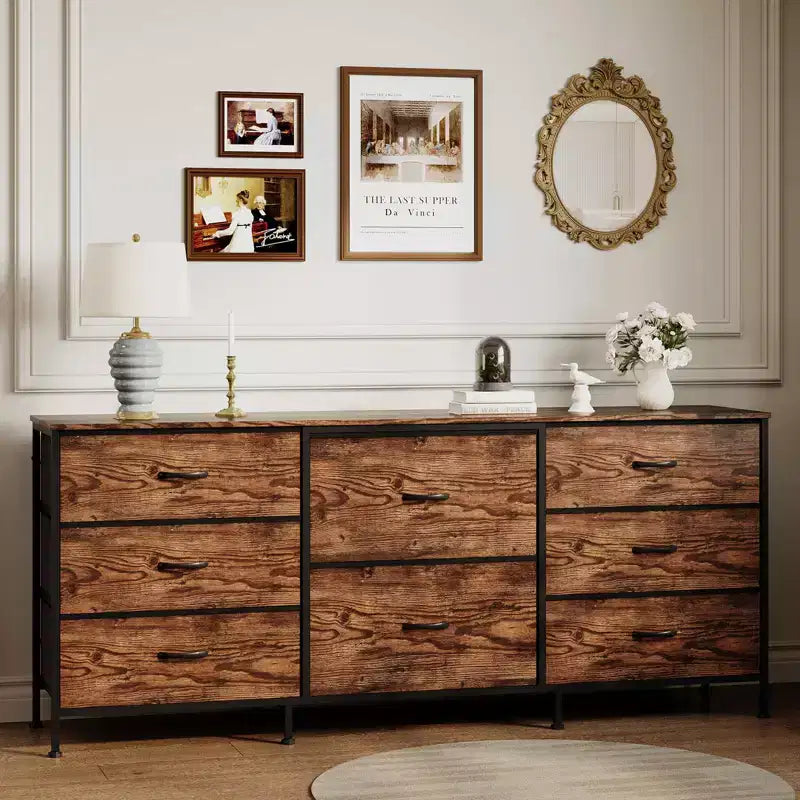 Commode en tissu à 8 tiroirs avec plateau en bois, meuble TV et organisateur de rangement, commode à cadre métallique pour chambre à coucher