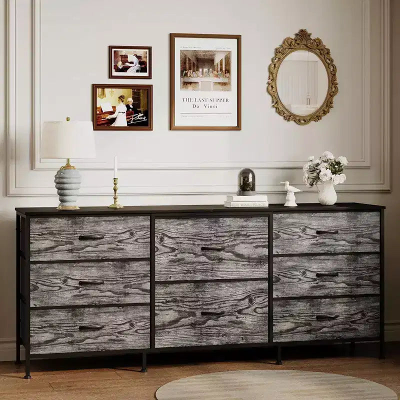 8 Drawer Fabric Dresser with Wooden Top, TV Stand & Storage Organizer, Metal Frame Chest for Bedroom & Living Room (63 W x 27D x 14 H)