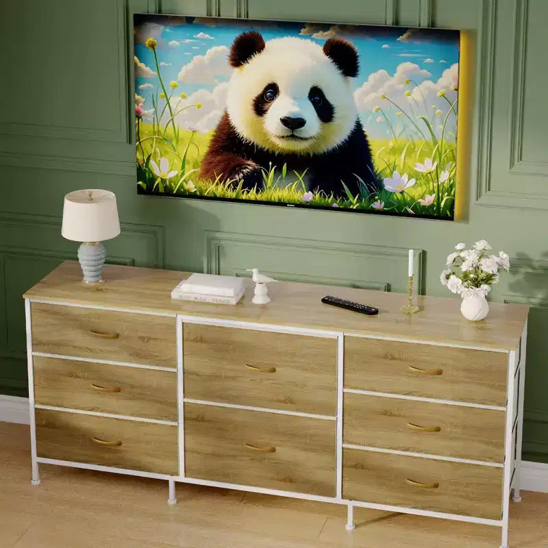 Commode en tissu à 8 tiroirs avec plateau en bois, meuble TV et organisateur de rangement, commode à cadre métallique pour chambre à coucher
