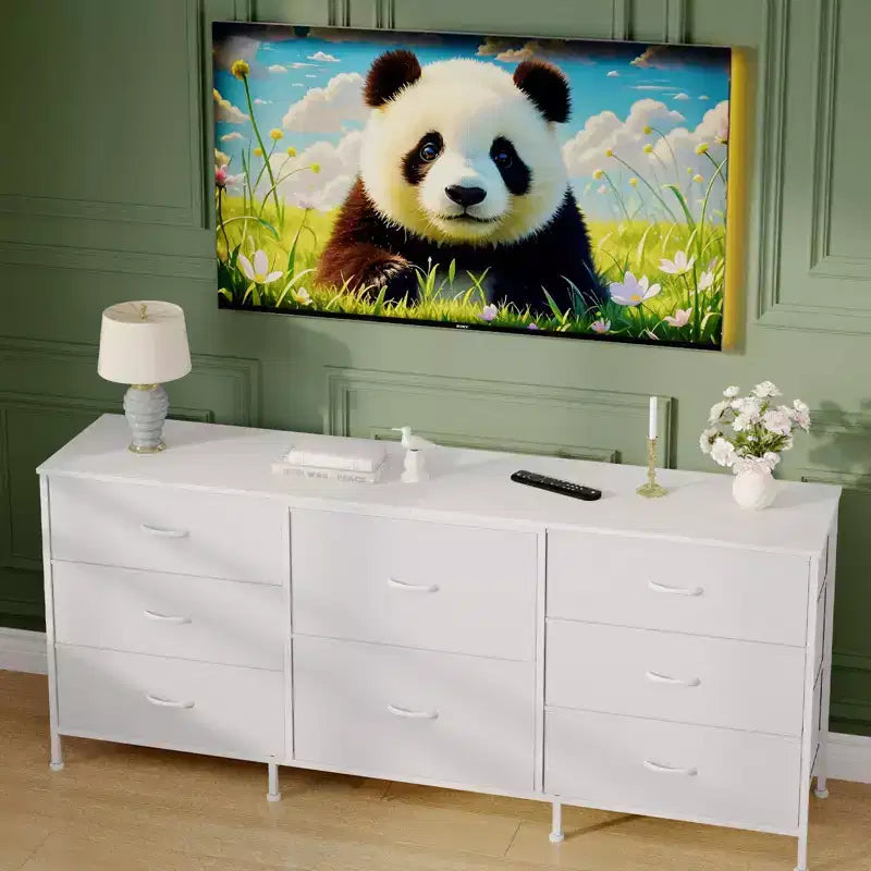 Commode en tissu à 8 tiroirs avec plateau en bois, meuble TV et organisateur de rangement, commode à cadre métallique pour chambre à coucher