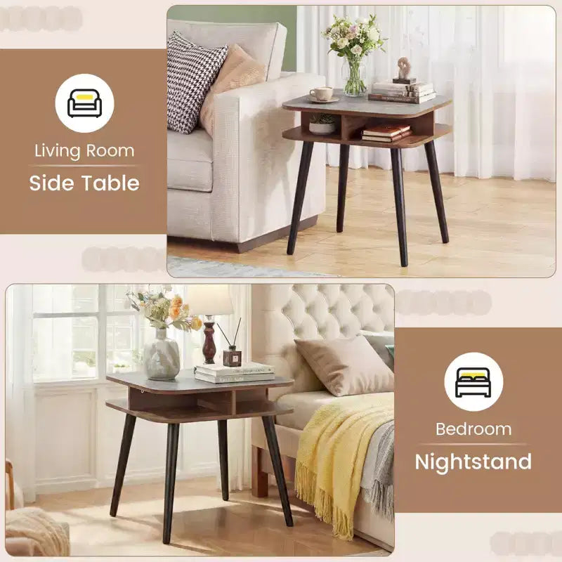 Table d'appoint PCS en faux marbre avec étagères de rangement Noyer et Noir