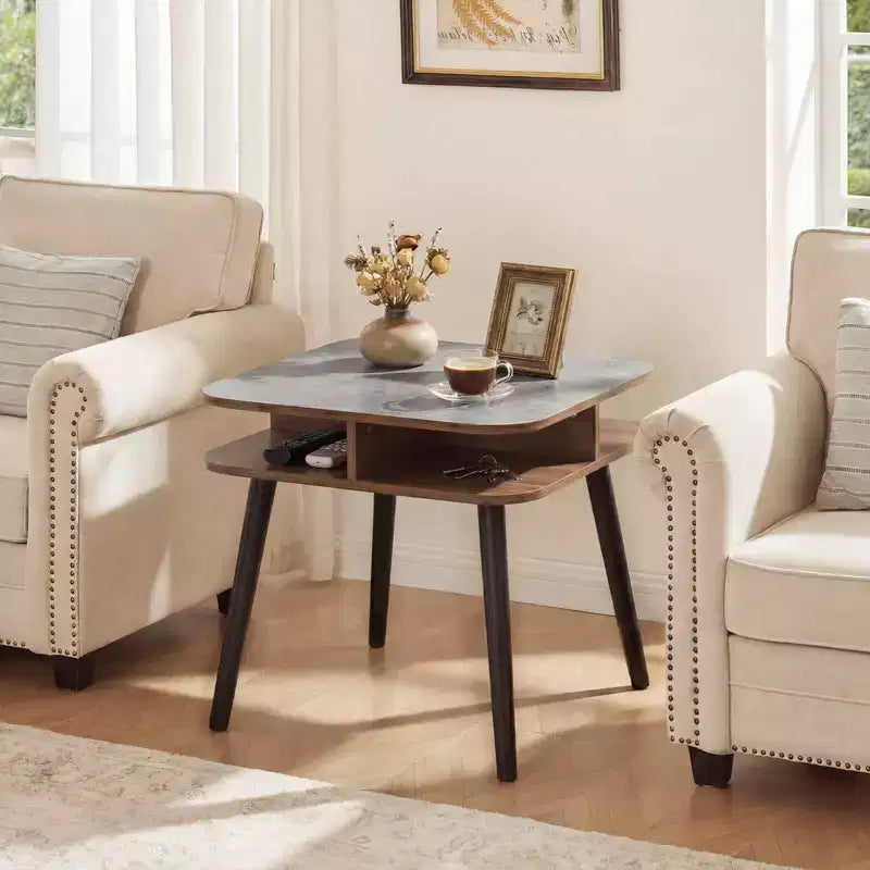 Table d'appoint PCS en faux marbre avec étagères de rangement Noyer et Noir
