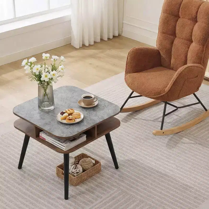 Table d'appoint PCS en faux marbre avec étagères de rangement Noyer et Noir
