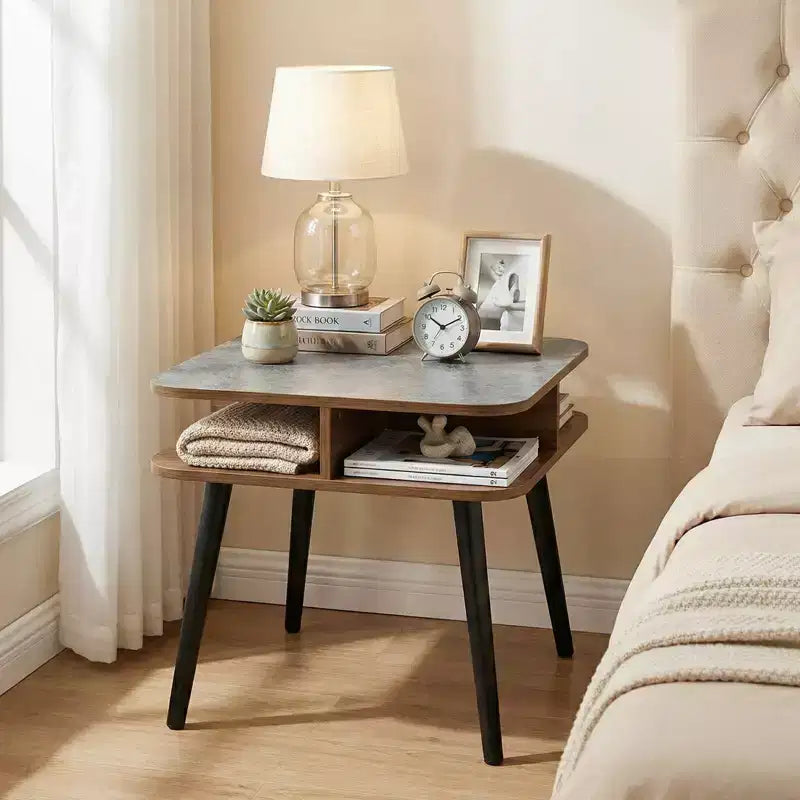 Table d'appoint PCS en faux marbre avec étagères de rangement Noyer et Noir