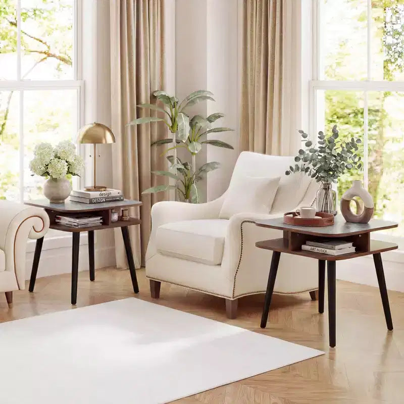 Table d'appoint PCS en faux marbre avec étagères de rangement Noyer et Noir