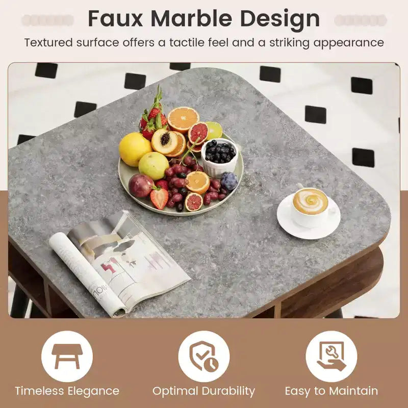 Table d'appoint PCS en faux marbre avec étagères de rangement Noyer et Noir