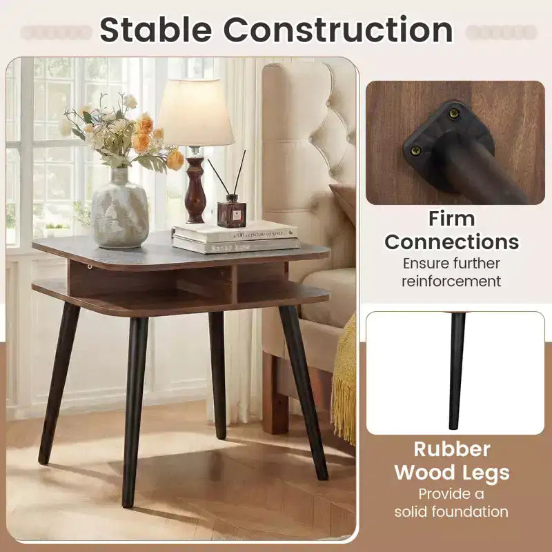 Table d'appoint PCS en faux marbre avec étagères de rangement Noyer et Noir