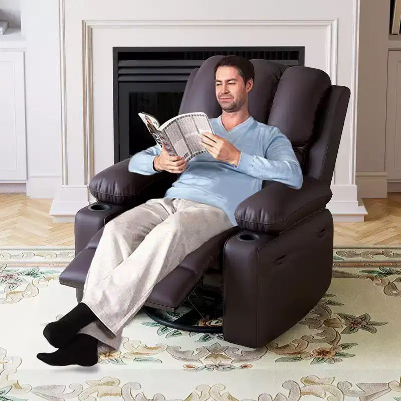 22in Rocker Swivel Recliner Chair, PU Leather Lazy Recliner W/ 1.5X Sponge, Cup Holder & Side Pockets, 360 Swivel for Living Room, Bedroom, Nursery
