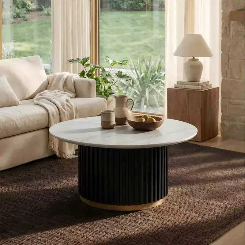 Table basse ronde moderne en bois et fer