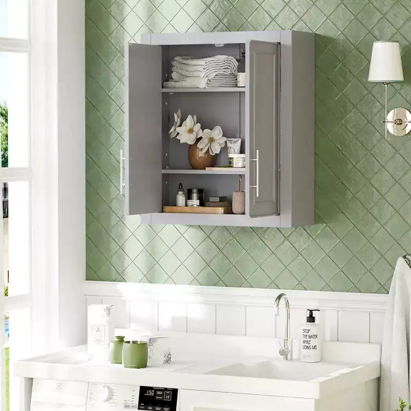 Armoire murale de salle de bain à double porte, meuble de rangement au-dessus des toilettes