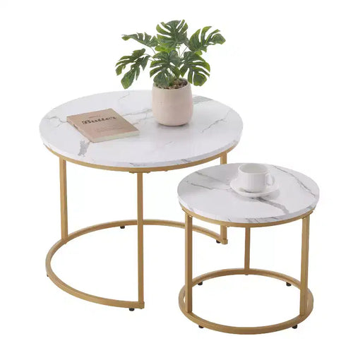 2 Piece White Gold Nesting Coffee Table Set, 23.6 Round Marble Pattern MDF Metal Frame End Side Tables for Small Space