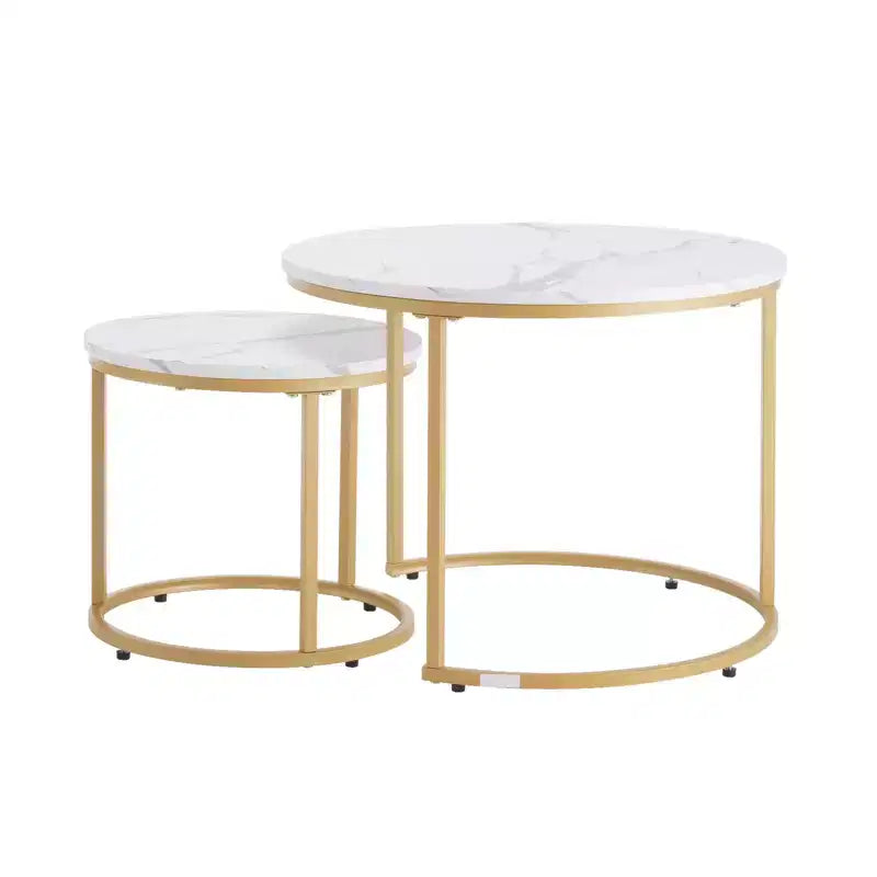 Ensemble de 2 tables basses gigognes en or blanc, rondes, motif marbre de 59,9 cm