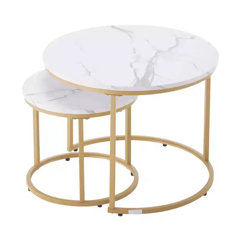Ensemble de 2 tables basses gigognes en or blanc, rondes, motif marbre de 59,9 cm