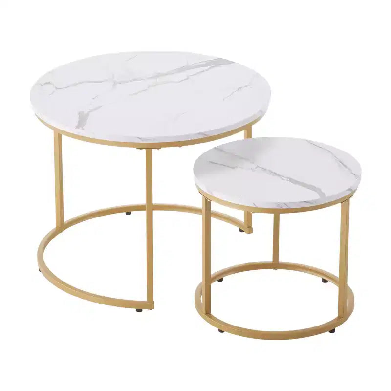 Ensemble de 2 tables basses gigognes en or blanc, rondes, motif marbre de 59,9 cm