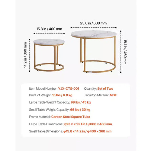 Ensemble de 2 tables basses gigognes en or blanc, rondes, motif marbre de 59,9 cm