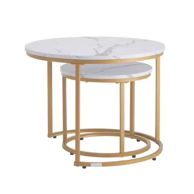 Ensemble de 2 tables basses gigognes en or blanc, rondes, motif marbre de 59,9 cm