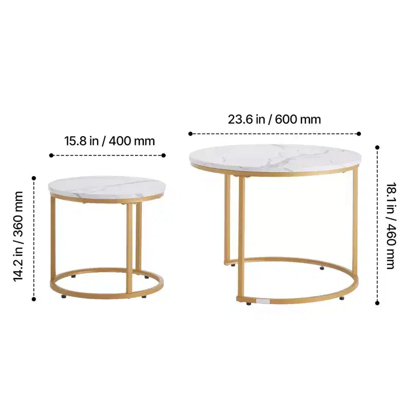 Ensemble de 2 tables basses gigognes en or blanc, rondes, motif marbre de 59,9 cm