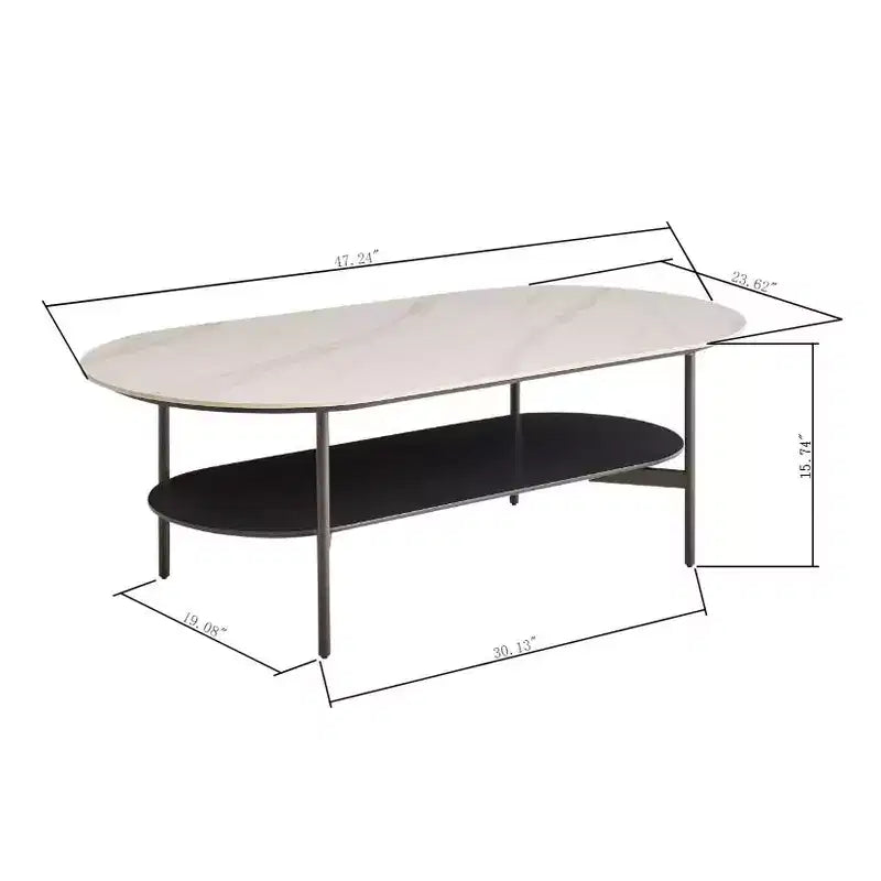 Table basse avec plateau en céramique blanche et étagère inférieure marron café