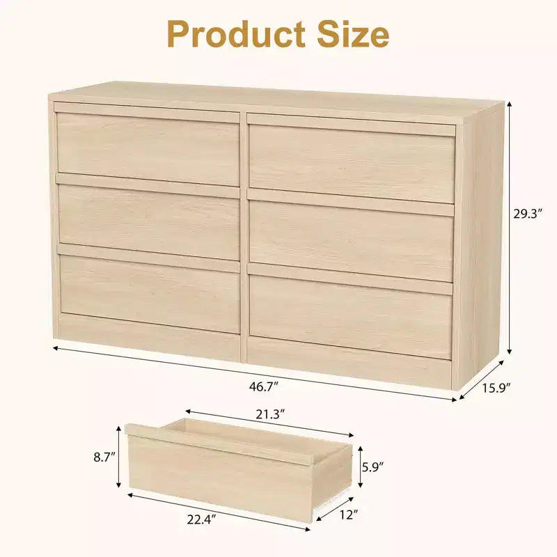 Commode en chêne naturel de 47 po de largeur à 6 tiroirs, grande commode en bois