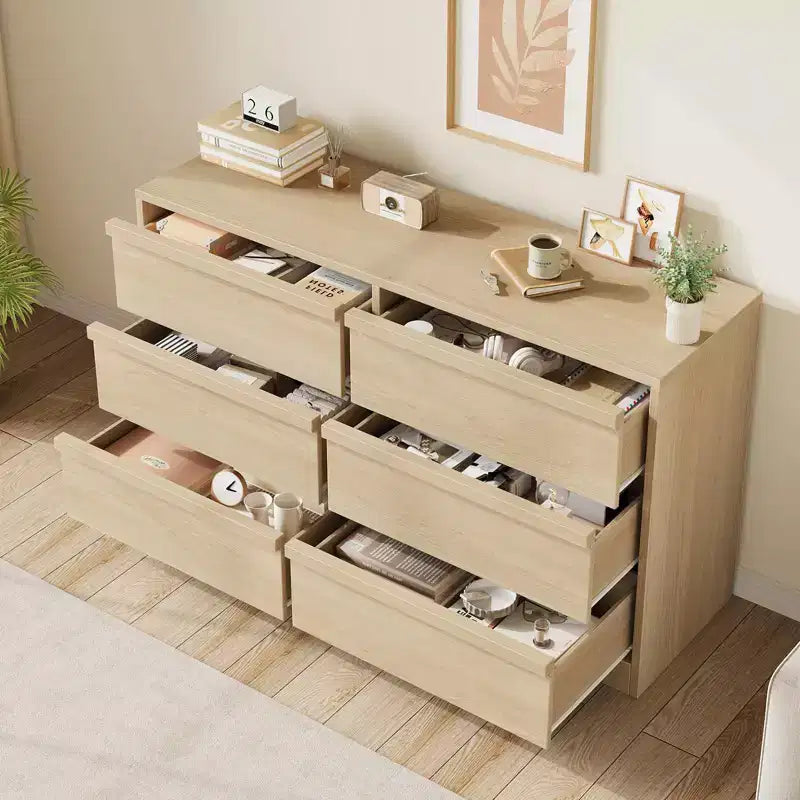 Commode en chêne naturel de 47 po de largeur à 6 tiroirs, grande commode en bois