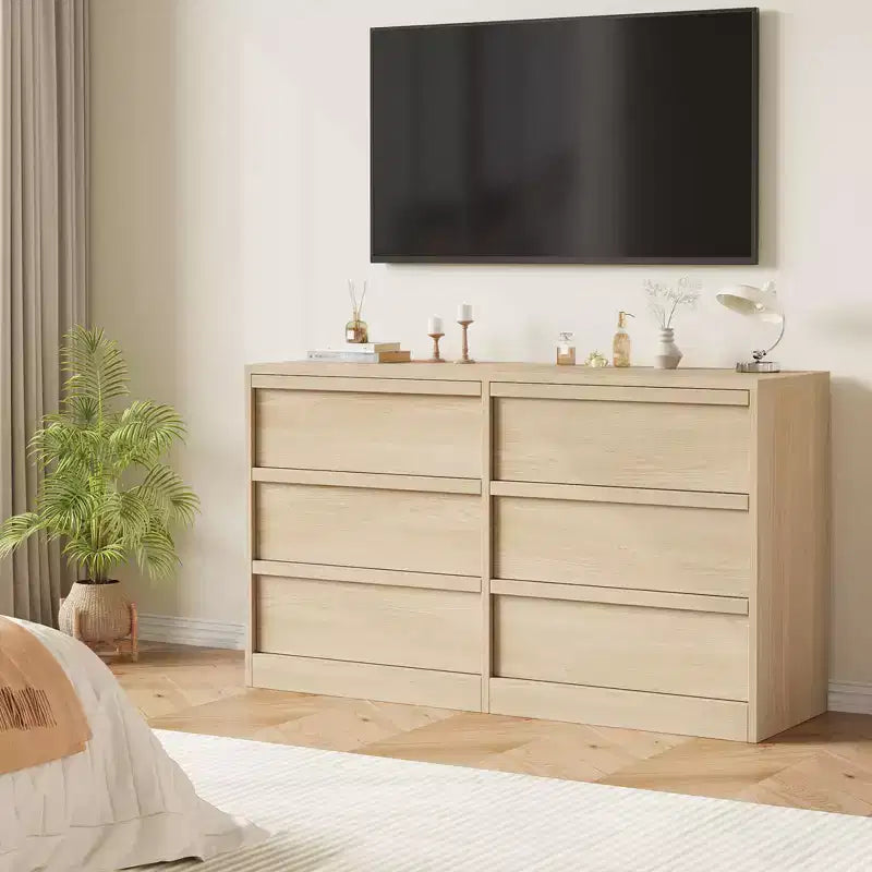 Commode en chêne naturel de 47 po de largeur à 6 tiroirs, grande commode en bois
