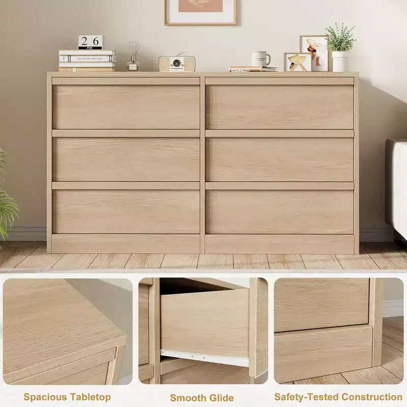 Commode en chêne naturel de 47 po de largeur à 6 tiroirs, grande commode en bois