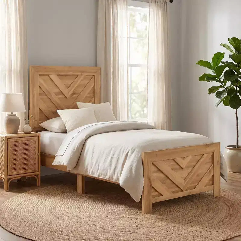 GDFStudio Hudson Rustic Wood Panel Bed Frame Chevron Pattern Headboard and Footboard
