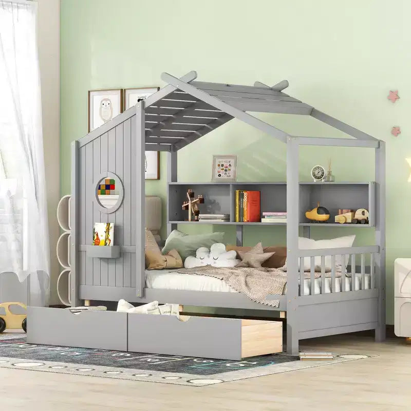 Lit cabane en bois de taille simple avec 2 tiroirs