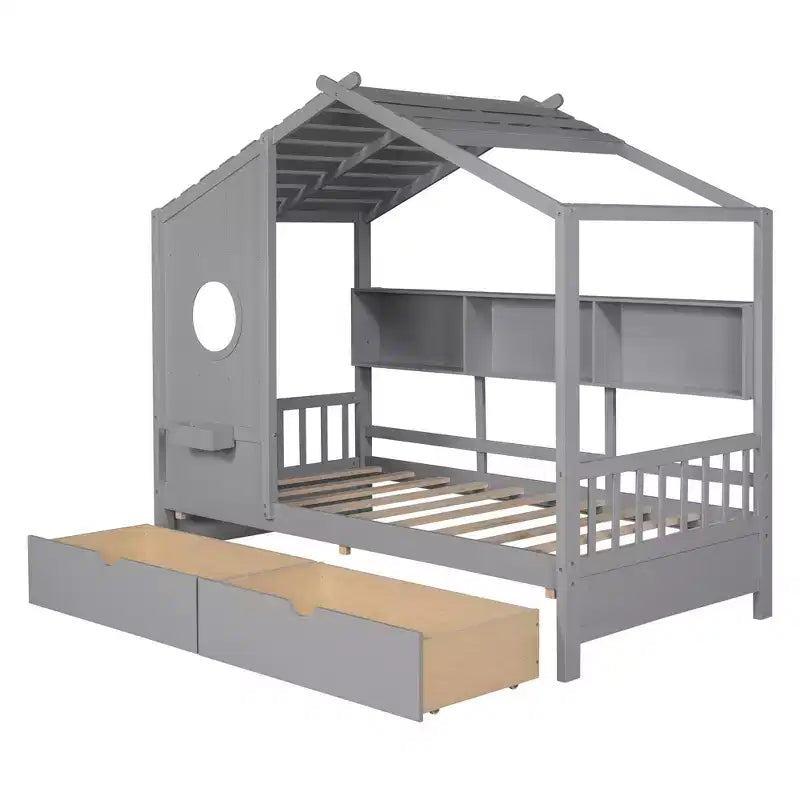 Lit cabane en bois de taille simple avec 2 tiroirs