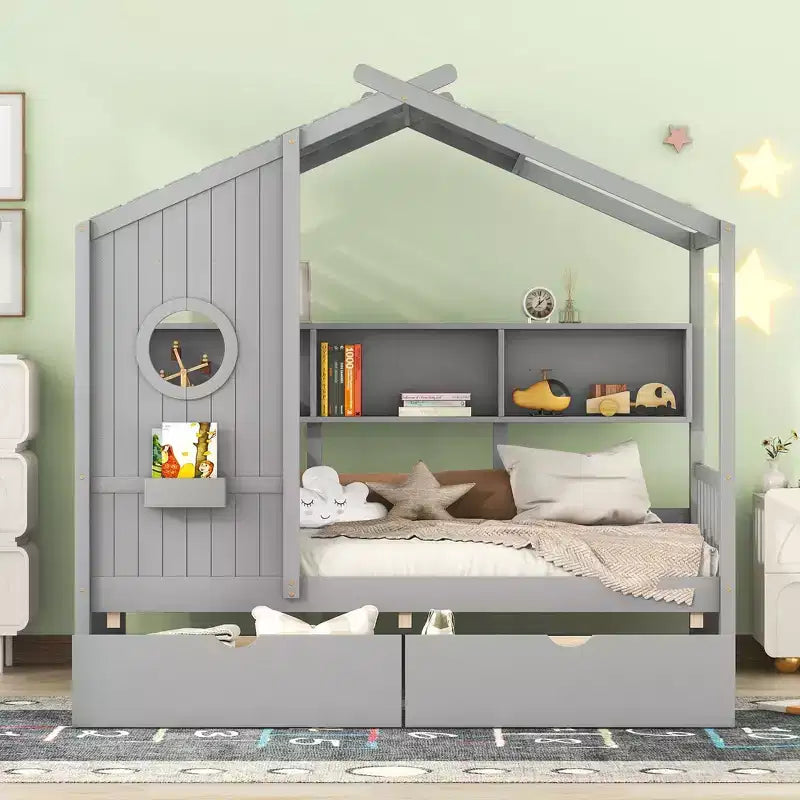 Twin/Full Size Wooden House Bed with 2 Drawers, Kids Bed with Storage Shelf - ModernLuxe